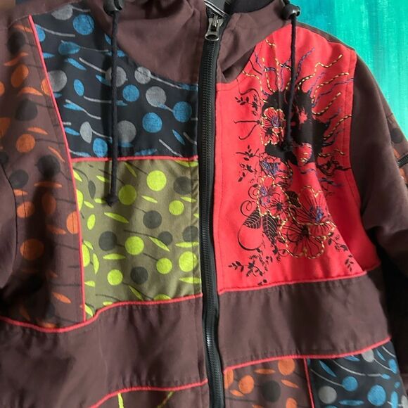 Nepalese Boho Hippy Festival Patchwork Hooded Fleece Lined Jacket 42" L - Picture 5 of 16